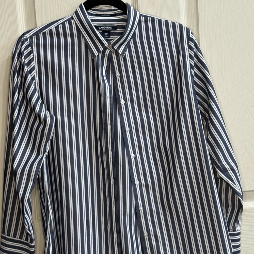 Lands' End Blue and White Casual Button Down Shirt